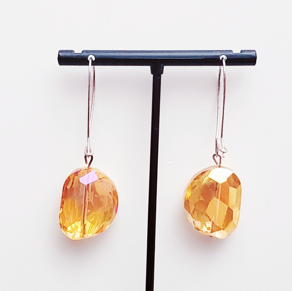 Beautiful Orange Glass Irridescent Shimmery Shiny Dangly Leverback Earrings